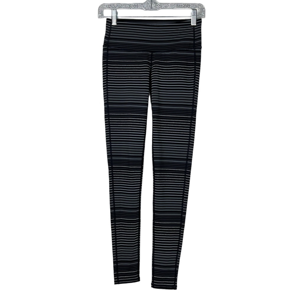 ATHLETA Womens Chaturanga Black & Gray Stripes Athletic Leggings Mid Rise XS
